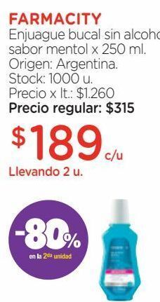 Farmacity Enjuague bucal sin alcohol sabor mentol x 250 ml. oferta