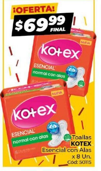 Diarco Kotex Toallas Esencial con Alas x 8 Un. oferta