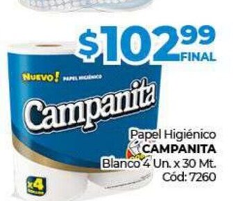 Diarco Campanita Papel Higiénico Blanco 4 Un. x 30 Mt. oferta