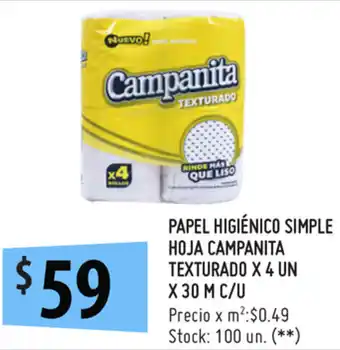 Punto Mayorista Campanita Texturado Papel Higiénico Simple Hoja x 4un x 30m c/u oferta