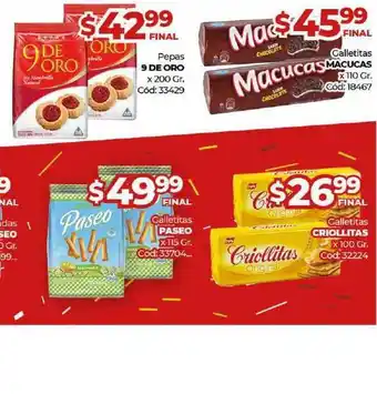 Diarco Pepas 9 De Oro , Galletitas Macucas , Galetitas Paseo , Gallentitas Criollitas oferta