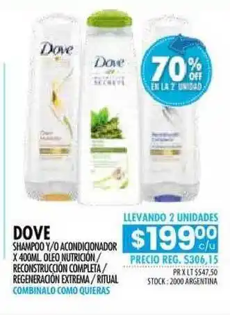Pigmento Dove Shampoo Y/O Acondicionador x 400ml Oleo Nutrición / Reconstrucción Completa / Regeneración Extrema / Ritual oferta