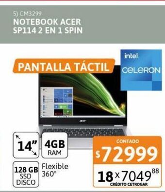 Cetrogar Notebook acer sp114 2 en 1 spin 4 gb 128ssd nx.abfal.001 oferta