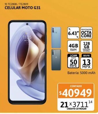 Cetrogar Celular motorola g31 6,43" 4/128 13mp gris oferta