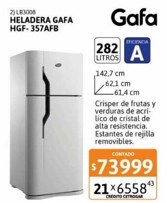 Cetrogar Heladera con freezer gafa 282 litros hgf-357 afb oferta