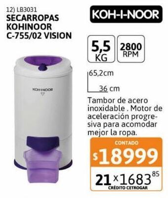 Cetrogar Secarropas kohinoor blanco c-755/2 vision 5.5 oferta