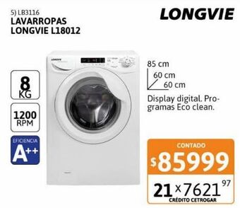 Cetrogar Lavarropas longvie l18012 8kg 1200rpm oferta