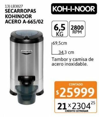 Cetrogar Secarropas kohinoor acero a-665/2 6.5k oferta