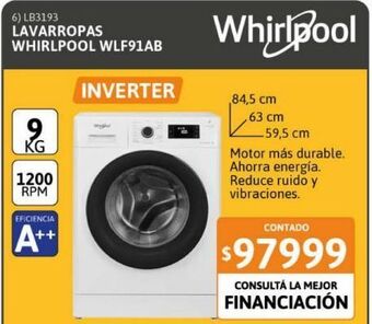 Cetrogar Lavarropas whirlpool sense inverter wlf91ab 9kg cf 1200rpm blanco oferta