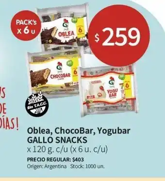 Disco Oblea, chocobar, yogubar, gallo snacks 120g oferta