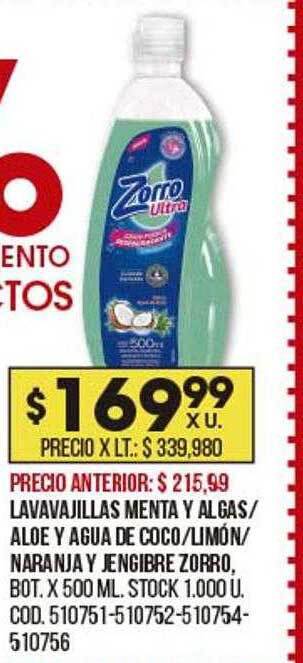 Coto Lavavajillas Menta Y Algas Aloe Y Agua De Coco Limón Naranja Y Jengibre Zorro oferta