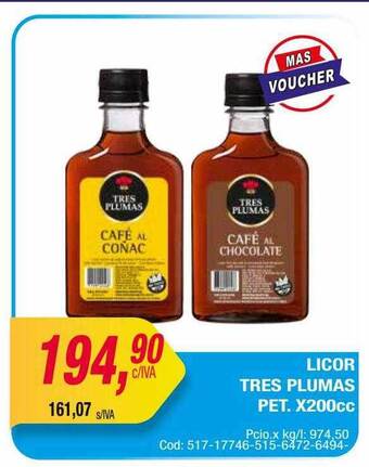 Maxiconsumo Licor Tres Plumas Pet oferta