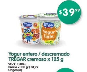 Supermercados Buenos Días Tregar Yogur Entero / Descremado Cremoso x 125 g oferta