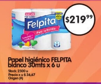 Supermercados Buenos Días Felpita Papel higiénico blanco 30 mts x 6 u oferta