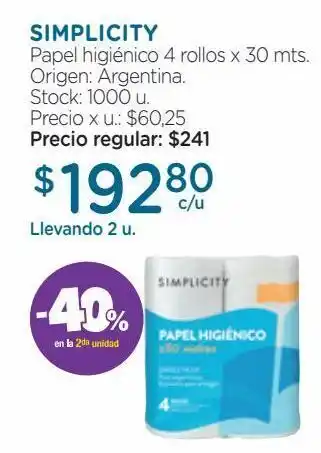 Farmacity Papel higiénico simplicity 4 rollos x 30 mts oferta