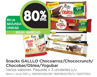 Jumbo Gallo Snacks Chocoarroz/Chococrunch/Chocobar/Oblea/Yogubar x 3un c/u, 80% de descuento oferta