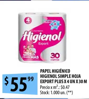Punto Mayorista Higienol Simple Hoja Export Plus Papel Higiénico x 4un x 30m oferta