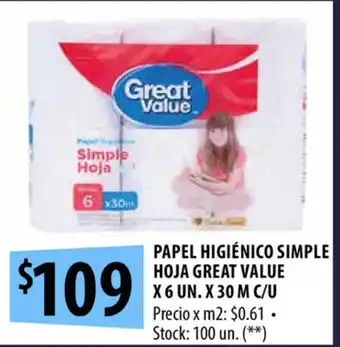 Punto Mayorista Great Value Papel Higienico Simple Hoja x 6un x 30m c/u oferta