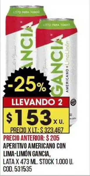 Coto Aperitivo Emericano Con Lima-limón Gancia oferta