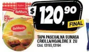 Supermercados Yaguar Tapa Pascualna Sumasa Criolla/ Hojaldre x 2 U oferta