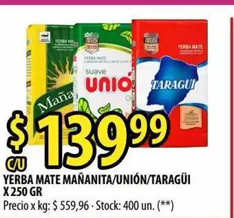 Punto Mayorista Yerba mate mañanita/unión/taragüi x 250 gr oferta