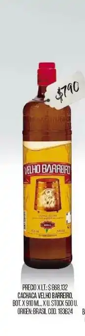 Velho Barreiro Cachaca x 910ml