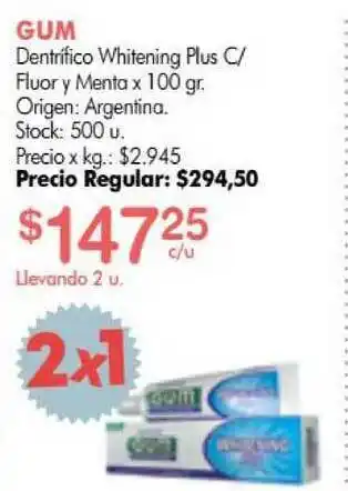 Gum Dentrifico Whitening Plus C/Fluor Y Menta x 100gr