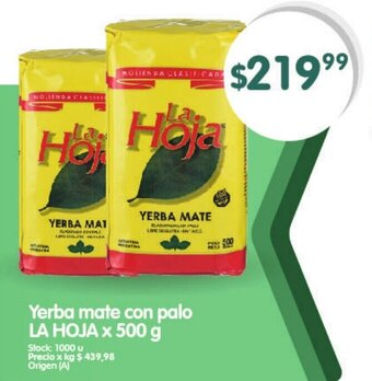 Supermercados Buenos Días La Hoja Yerba mate con palo x 500 g oferta