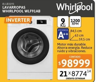 Cetrogar Lavarropas whirlpool sense inverter wlf91ab 9kg cf 1200rpm blanco oferta