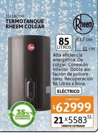 Cetrogar Termotanque rheem electrico para colgar 85 litros carga inferior gris oferta