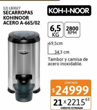 Cetrogar Secarropas kohinoor acero a-665/2 6.5k oferta