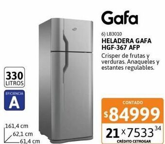 Cetrogar Heladera con freezer gafa 330lt hgf-367 afp plata oferta