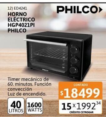 Cetrogar Horno eléctrico hgp4021pi philco 40lt 1600w oferta