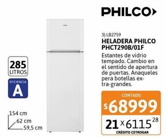 Cetrogar Heladera philco phct290b 285 litros oferta