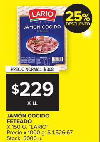 Carrefour Market Lario Jamón Cocido Feteado x 150 g. oferta