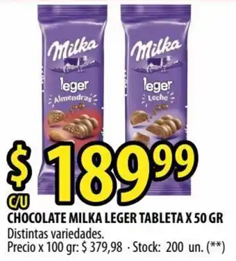 Punto Mayorista Milka Chocolate Leger Tableta x 50 gr oferta