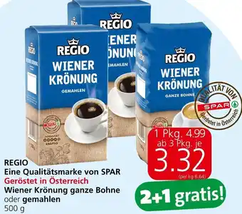 Eurospar Regio Eine Qualitätsmarke von Spar Wiener Krönung Ganze Bohne oder Gemahlen 500 g Angebot
