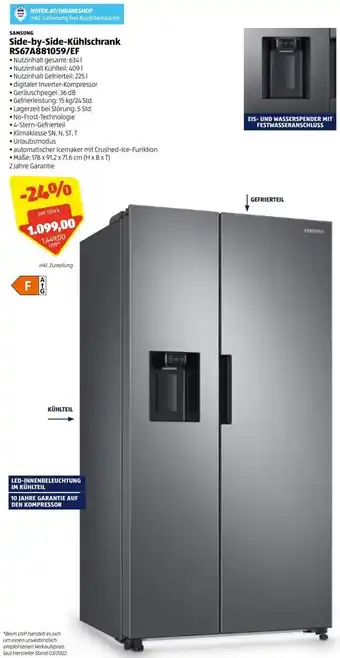 Hofer Side-by-Side-Kühlschrank RS67A881059/EF 178 x 91,2 x 71,6 cm Angebot