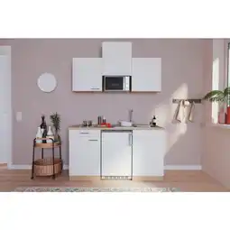 Miniküche mit Mikrowelle + Kochfeld 150 cm Weiß/Eiche