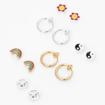 Claire's Mixed metal peace, rainbow stud & hoop magnetic earrings - 6 pack Angebot