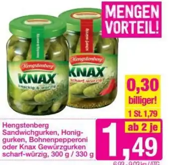 Sutterlüty Hengstenberg Sandwichgurken,Honig Gurken,Bohnenpepperoni Oder Knax Gewürzgurken Scharf-Würzig,300g/330g Angebot