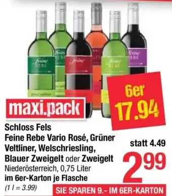 Maximarkt Schloss Fels Feine Rebe Vario Rosé, Grüner Veltliner, Welschriesling, Blauer Zweigelt oder Zweigelt 0,75 Liter Angebot