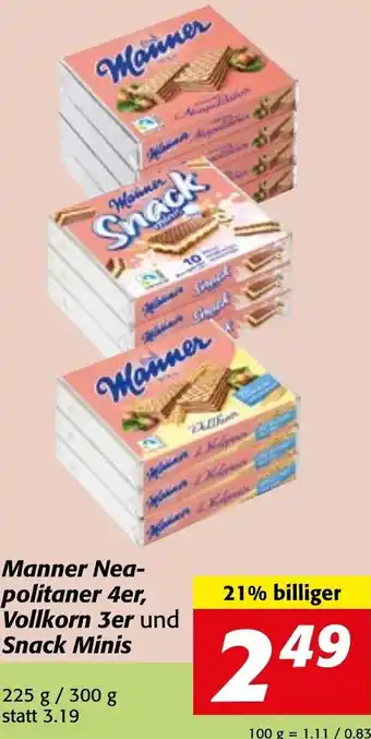 Strasser Markt Manner Neapolitaner 4er, Vollkorn 3er und Snack Minis 225 g/ 300 g Angebot
