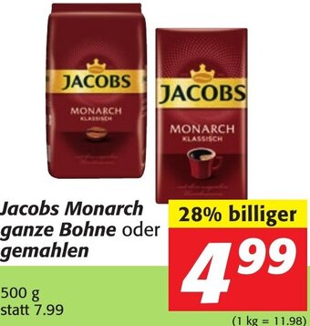 Strasser Markt Jacobs Monarch Ganze Bohne oder Gemahlen 500 g Angebot