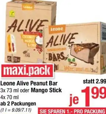 Maximarkt Leone Alive Peanut Bar 3x 73 ml oder Mango Stick 4x 70 ml Angebot