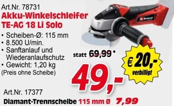 Zgonc Akku-Winkelschleifer TE-AG 18 Li Solo Angebot