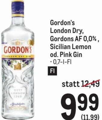 Metro Gordon's London Dry, Gordons AF 0,0% Sicilian Lemon od. Pink Gin 0,7 l Angebot