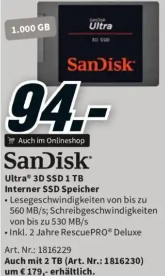 Media Markt Sandisk Ultra 3D SSD 1 TB Interner SSd Speicher Angebot