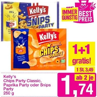 Sutterlüty Kelly's Chips Party Classic, Paprika Party oder Snips Party 250 g Angebot