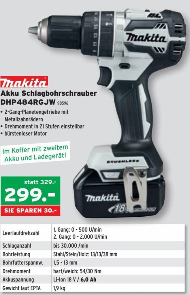 Salzburger Lagerhaus Makita Akku Schlagbohrschrauber DHP 484RGJW Angebot